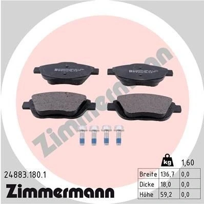 Bild av ZIMMERMANN 24883.180.1 Jeu de plaquettes frein avec vis/boulons la photo correspond au contenu livraison CITROËN: C3 II, DS3 3 portes