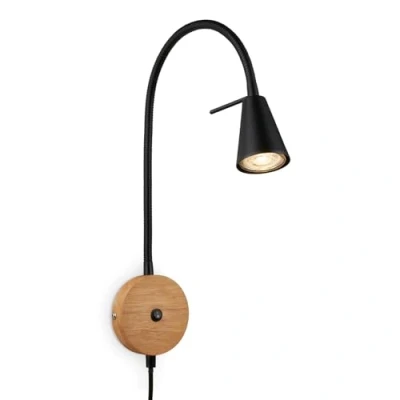 Bild av BRILONER lä, vägglampa inomhus, LED lampa, vridbar, strömbrytare, uttag, svart trä, FSC