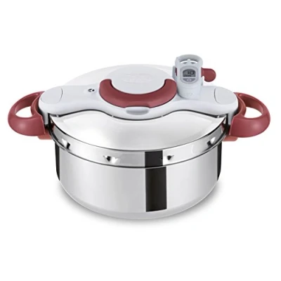 Bild av Tefal P46207 Clipso Minut&#039; Perfect Tryckkokare, med korg och timer, 6 liter, rostfritt stål, vit/röd, 37,4 x 28,5 24,6 cm