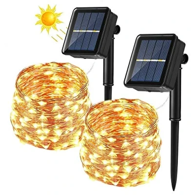 Bild av Solljusslingor utomhus, BrizLabs 2 pack 12 m 120 LED soldrivna trädgårdslampor koppartrådsljusslingor, vattentäta 8 lägen för julgran, uteplats, gård, bröllopsfest, varm vit