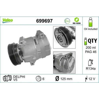 Bild av VALEO REMANUFACTURED 699697 Kompressor V5 12V PAG 46 R134a med kompressorolja