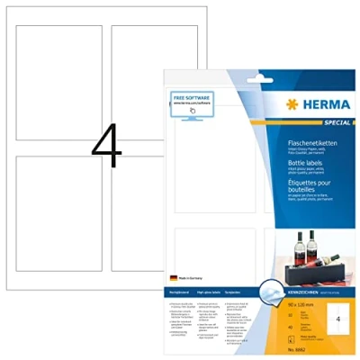 Bild av HERMA 8882 flasketiketter för bläckstråleskrivare A4 (90 x 120 mm, 10 ark, papper, glansig) självhäftande, utskrivbara, permanenta etiketter flaskor, 40 klistermärken, vit
