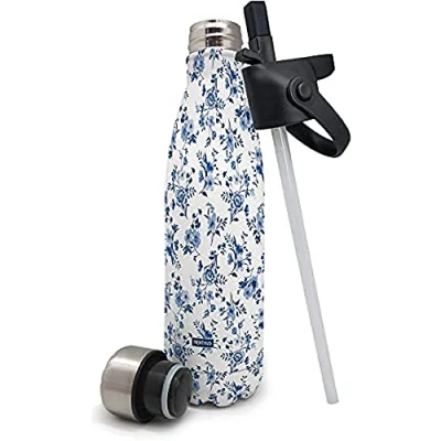 Bild av Dubbelväggig flaska med 2 proppar 500ml. blommor