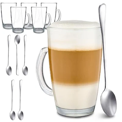 Bild av Cosumy 6 Latte Macchiato glas med handtag och sked 300 ml Håller sig varma länge Idealisk storlek för helautomatiska kaffemaskiner Diskmaskinssäker