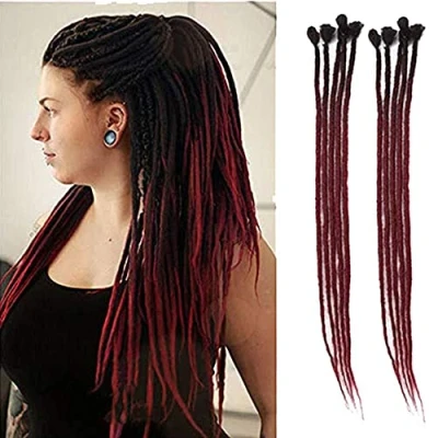 Bild av Likedsoar 24inch Ombre Dreadlocks Förlängningar för Kvinnor/Män 10 Strängar Syntetiska Dreads Handgjorda Virkade Fläta Hår Jamaica Reggae Locs(Ombre Svart och Vinrött)