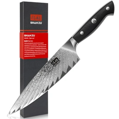 Bild av SHAN ZU Damaskus Kökskniv 20 cm, Japansk AUS 10 Professionell Kockkniv 67 Lager, kniv med G10 Ergonomiskt Handtag för Att Skära Kött, Grönsaker, Frukt SUN Series