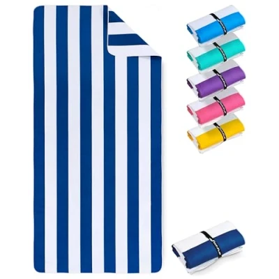 Bild av Strandhandduk XXL mikrofiberbadhandduk stor, lätta och snabbtorkande 100% återvunnen mikrofiberhandduk randig marinblå vit 200 cm x 90