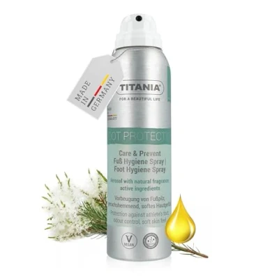 Bild av TITANIA® 150 ml fotspray förebyggande fotsvampsskydd, kyler och vård, fuktabsorberande vegan, mikroplastfri formel med eteriska oljor