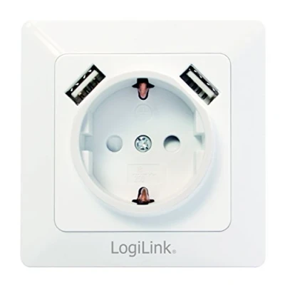 Bild av LogiLink PA0162 skyddskontaktuttag med 2 x USB för laddning av smartphones, mobiltelefoner, e böcker, surfplattor, etc, infälld låda (DE 80 mm) barnskydd