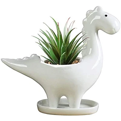 Bild av KiaoTime Dinosaurieform vit keramik suckulent planterare krukor små blomma bonsai växt dino vas behållare kaktus skrivbord djur dekoration pennhållare barnkammare (växtätare)