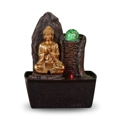 Bild av Haka Buddha fontän avslappnande LED ljus inomhusfontän Feng Shui objekt lyckoamulett bordsfontän stängd krets brun och guld H 26 cm Zen&#039;Light