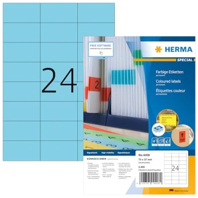 Bild av HERMA 4408 färgade etiketter A4 (70 x 37 mm, 100 ark, papper, matt) självhäftande, utskrivbara, permanenta färgetiketter, 2 400 klistermärken, blå