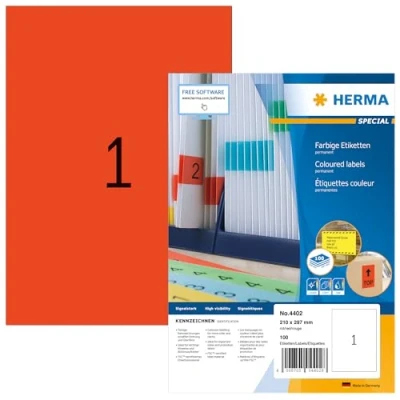 Bild av HERMA 4402 färgade etiketter A4 (210 x 297 mm, 100 ark, papper, matt) självhäftande, utskrivbara, permanenta färgetiketter, klistermärken, röd