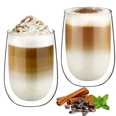 Bild av glastal 2 x 350 ml dubbelväggiga kaffemuggar cappuccino latte macchiato glasögon koppar för kaffe te mjölk juice glass borosilikat värmebeständiga glaskoppar