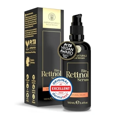 Bild av Retinol Serum högdos 100ml 5 faldigt komplex +Hyaluron +Vitamin C ✓ Vegan &amp; BIO Högeffektiv Inkapslad För Strålande Och Klar Hud Utan Fläckar Anti Aging Tillverkad i Tyskland