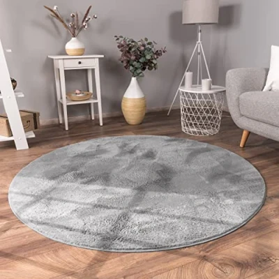 Bild av Paco Home Matta Vardagsrum Konstfäll Plysch Ryamatta Mjuk Tvättbar, Storlek:80 cm Runda, Färg:Antracit