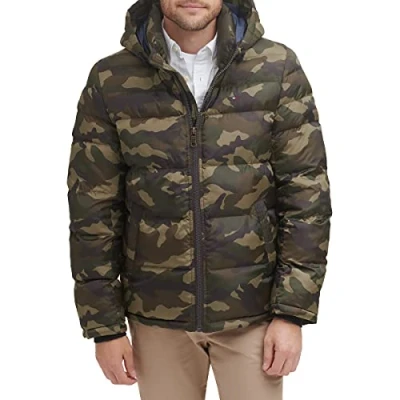 Bild av Hooded Puffer Jacket herr Down Alternative Outerwear Coat Jacket, Oliv kamouflage, L