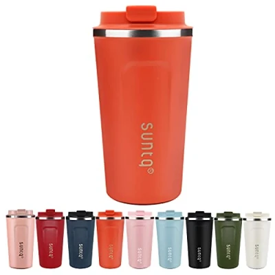 Bild av SUNTQ Kaffemugg To Go, termosmugg i rostfritt stål, läckagesäker med lock, återanvändbar kaffekopp, miljövänlig resemugg, orange, 510 ml