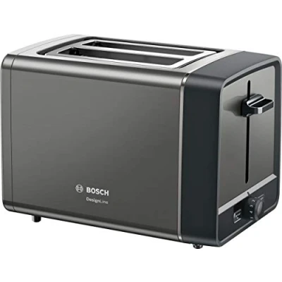 Bild av Bosch Kompakt brödrost DesignLine TAT5P425DE, integrerad brödhållare i rostfritt stål, med automatisk avstängning, avfrostningsfunktion, perfekt för 2 skivor bröd, lyftfunktion, bred, 970 W, grå