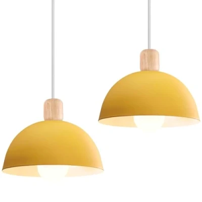 Bild av iDEGU Set med 2 ljuskronor, pendellampor, modern stil, halvcirkel taklampa, E27 i trä, metall, hängande lampa för sovrum, matsal, kök, Ø 20 cm (2 pack gul)
