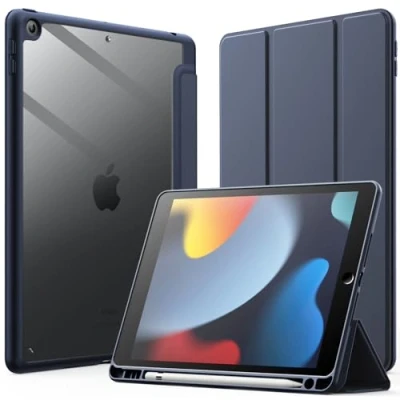 Bild av JETech Fodral för iPad 10,2 Tum (9:e/8:e/7:e Generationen, 2021/2020/2019) Med Pennhållare, Klar Transparent Tillbaka Skal Smal Stand Stötskyddad Tablett Case (Djup Marinblå)