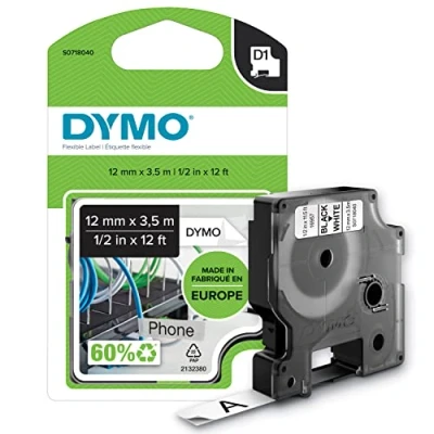 Bild av DYMO D1 originaletiketter Rulle på 12 mm x 3,5 m Svart text vit tejp Självhäftande etiketter för LabelManager etikettskrivare