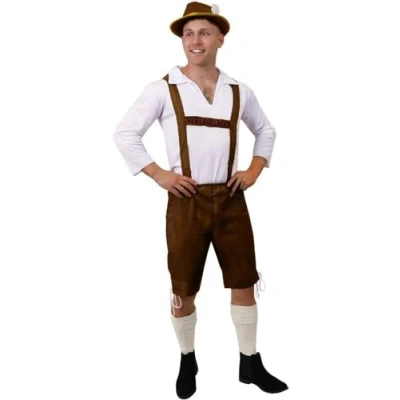 Bild av Bayersk kostym för män XX Large brun läderhosen stil byxor med traditionell vit skjorta Oktoberfest maskeraddräkt