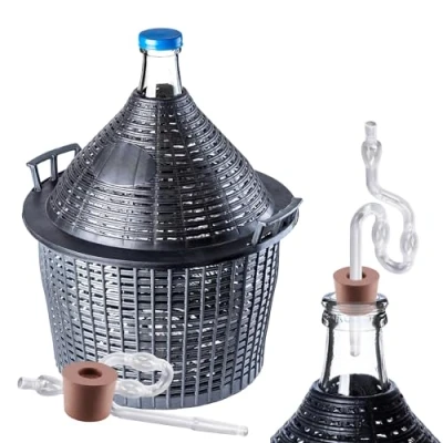 Bild av KADAX Glasballongset 10 l, jäsballong med plastkorg och jästillbehör, gummipluggar, jäsrör, smal öppning, vinballong, flaska, glasflaska (jäsrör i plast)