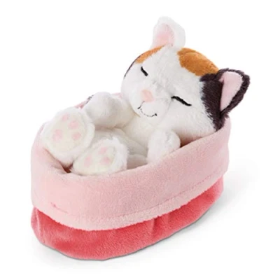 Bild av Gosedjuret Katten Sleeping Kitties 12 cm, gräddfärgad, i en rödrosa korg