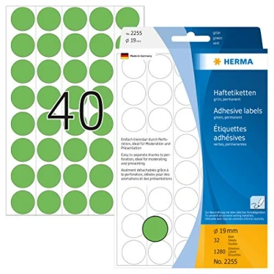 Bild av HERMA 2255 multifunktionsetiketter/runda färgade prickar (Ø 19 mm, 32 ark, papper, matt, perforerad) självhäftande, permanenta märkningspunkter för handskriven märkning, 1 280 klistermärken, grön