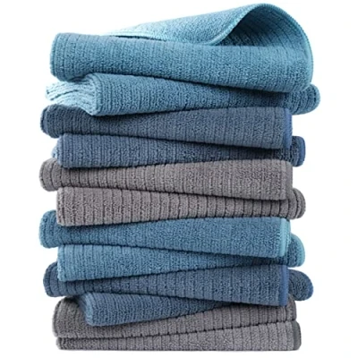 Bild av Polyte Premium Kškshandduk multifunktionell rŠfflad frottŽ mikrofiber 12 pack blŒ, grŒ, teal 40 x 71 cm