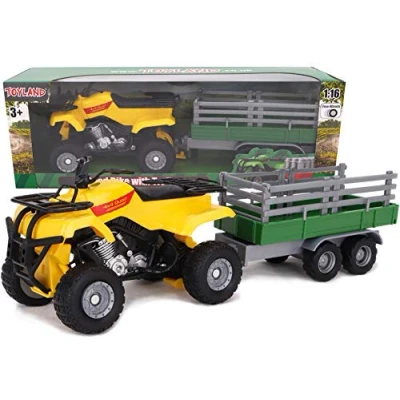 Bild av Toyland® Farm fyrhjuling och släpvagn lekset skala 1:16 frihjulsåtgärd pojkar gård leksaker (gul fyrkant)