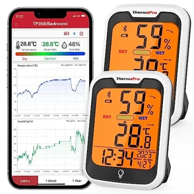 Bild av ThermoPro TP358 2 Bluetooth hygrometer inomhustermometer för inomhusbruk, set om 2, tid/datum 0,5 ℃, exakt nattlampa, luftfuktighetsmätare med inspelning, termometer inomhus sovrum