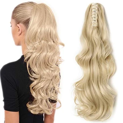 Bild av SEGO Hästsvans syntetisk hårstycke pontail falskt hår fiber näsa [kloklämma] 45 cm blekt blond 18 tum långt vågigt spänne