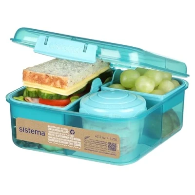Bild av Sistema Bento Box 1,25 L Skollunchlåda med fack och mellanmålsgryta BPA fri tillverkad havsbunden plast blågrön sten 1 st