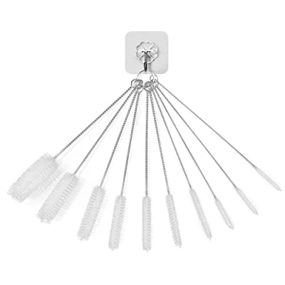 Bild av Kit med 10 st rengöringsborstar i nylon, 1 krok, liten tub rengöringsborste, återanvändbar flaskborste, nylonflaskrörsrengöring för rengöring av sugrör, flaskrör, pipar, babyflaskor (vit)