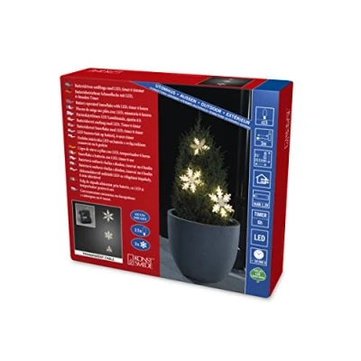 Bild av Konstsmide LED ljusgardin, 3 akrylsnöflingor, med 6 h timer, 15 varma vita dioder, batteridriven, utomhus (IP44), transparent kabel, 4 x AA 1,5 V (ingår ej) 6132103