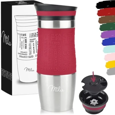 Bild av Milu termomugg 370ml 450ml isolerad mugg kaffe to go 100% läckagesäker dricksmugg av rostfritt stål bilmugg dubbelväggig isolering resemugg (Röd, 370ml)