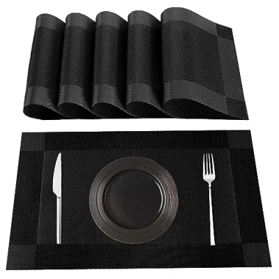 Bild av Lumaca Tvättbara Bordstabletter, set med 6 Frukostunderlägg i 70% PVC och 30% Polyester, Halkfri, Värmebeständig, för Köksbord, Svart