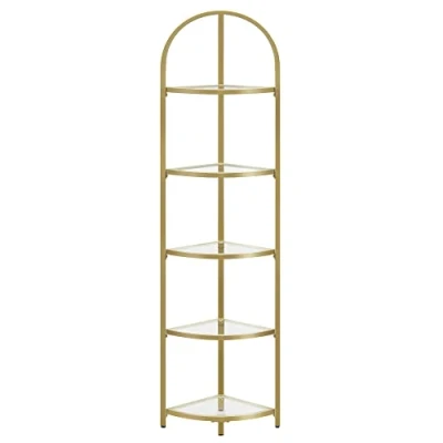 Bild av VASAGLE hörnhylla, 5 vånings växtställ, fristående glashylltorn, höga förvaringshyllor för vardagsrum, badrum, sovrum, modern stil, gyllene färg LGT810A01