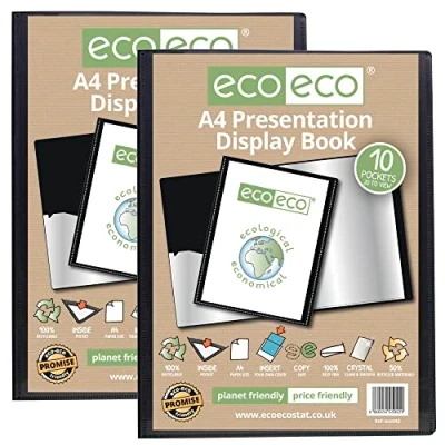 Bild av eco A4 storlek 50% återvunnen 10 fickor svart presentationsbok, förvaringsfodral, portfölj, konstmapp med plasthylsor (paket 2 böcker), svart, eco042 x