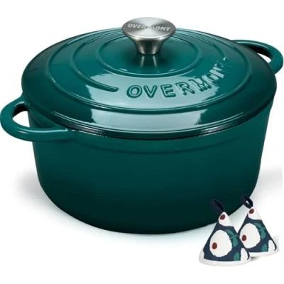 Bild av Overmont 5 l emaljerad gjutjärn rund gryta med lock kokbok och bomullspytlappar non stick holländsk ugn köksredskap för flätning, grytor, rostning, brödbakning havsgrön, 26 cm
