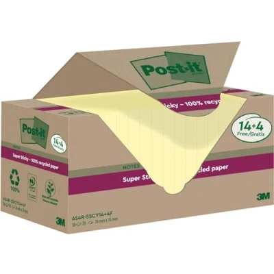 Bild av Post it Super Sticky 100% återvunna anteckningar, Kanariegul, 76 mm x mm, 70 ark/dyna, 14 + 4 gratis dynor/paket