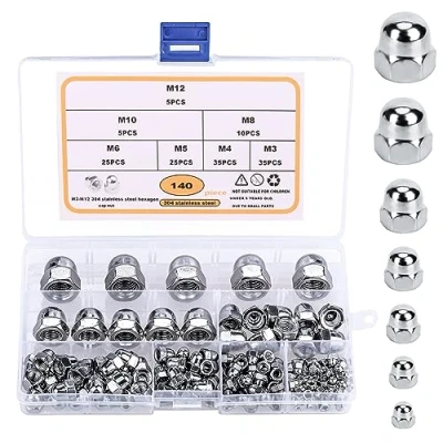 Bild av Belle Vous Rostfritt Stål Ekollonkapsel med Sexkantsmuttrar (140 Stycken) M3, M4, M5, M6, M8, M10 &amp; M12 Acorn Kupolmutter Kit Förvaringsväska för Skydd, Inomhus och Utomhusbruk