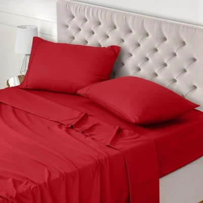 Bild av Utopia Bedding 4 Delat Sänglakanset 150x200 Enkel Skötsel Mjukt Borstat Mikrofibertyg Platt Lakan, Dra på lakan Med 2 Örngott 50x75, Röd