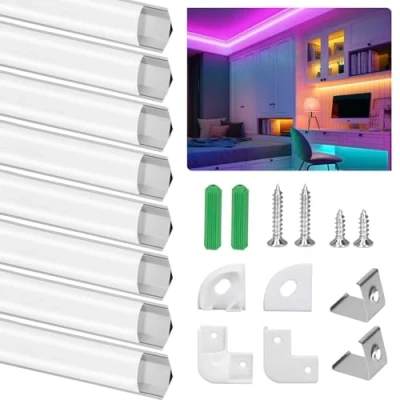Bild av Ykall LED aluminiumprofil, profil 8 x 1 m, kanaler V form för remsor, list och diffusor perfekt ljus, med hörnkontakter, ändlock, skruvar monteringsklämmor