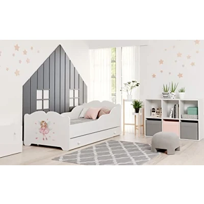 Bild av KOBI Anna vit barnsäng med rosa älva förvaring av låda 160 x 80 cm liten flicksäng barnsängar madrass och ram babyrummet enkelsäng barriär