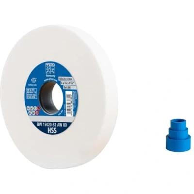Bild av PFERD Slipbockskiva HSS, 150 x 20 32 mm, A80, 39009699 medelhård slipskiva för slipning av HSS borrar, med reduceringshylsor (25/20/16 mm)