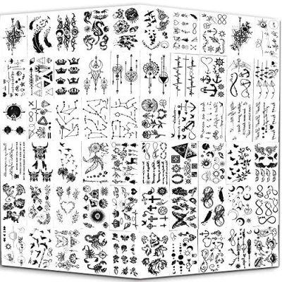 Bild av Yazhiji Tiny Waterproof Temporary Tattoos 60 Sheets, Moon Stars Constellations Musik Kompass Ankare Ord Linjer Blommor för Barn Vuxna Män och Kvinnor