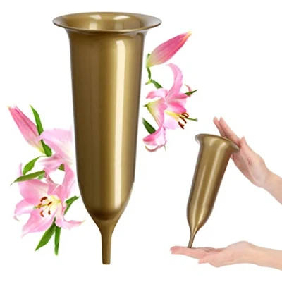 Bild av KADAX Gravvas, vas av plast, blomvas, plastvas för blommor, väderbeständig kyrkogårdsvas, frostsäker plug graven, väderbeständiga gravsmycken (10 cm, med markspett, guld)